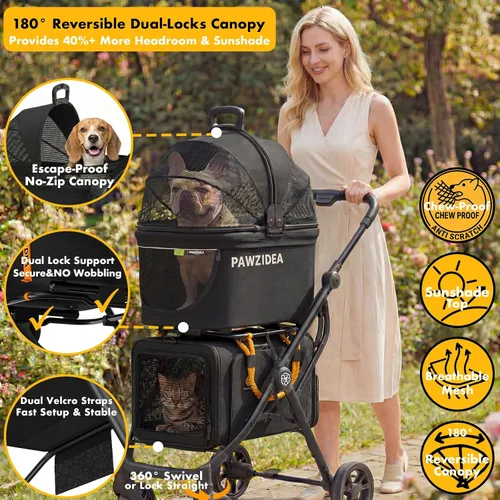 Vista 2 de PAWZIDEA Carriola doble para mascotas con 2 portamascotas desmontables, jaula portátil para perros para viajes en automóvil y porta gatos expandible