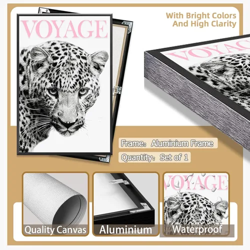 Vista 7 de Arte de pared con estampado de leopardo y estampado de leopardo de color rosa, diseño de guepardo blanco y negro, decoración de lienzo de lujo