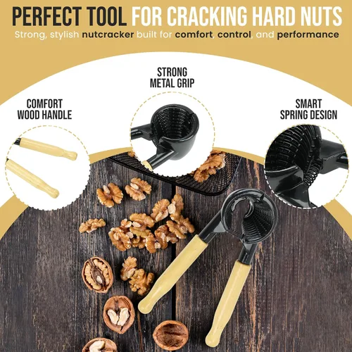 Vista 3 de Iconikal Cascanueces de cuerpo metálico resistente con mango de madera, negro y arce - fácil cascanueces para nueces, almendras, pecanas
