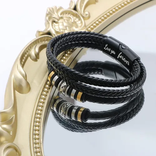 Vista 6 de Pulsera de cuero negro para hombre con correa de piel negra para hombre