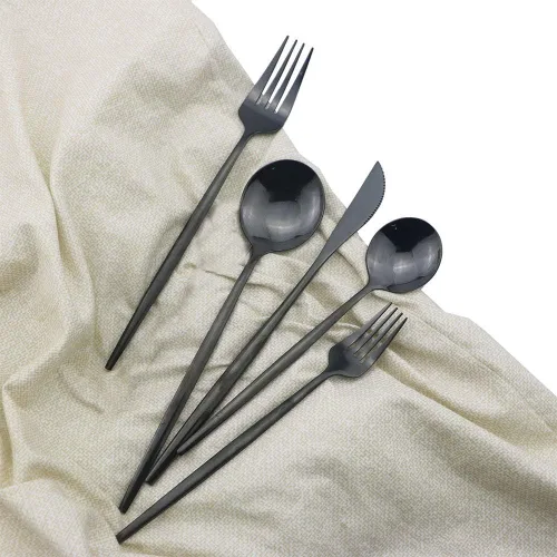 Vista 3 de JASHII - Juego de cubiertos negros brillantes de 30 piezas de acero inoxidable con acabado satinado, juego de utensilios de cocina, pulido espejo
