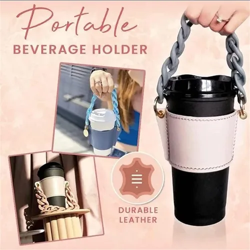 Vista 3 de Soporte de cuero de lujo para bebidas con mango de bebidas, soporte reutilizable para tazas de café de viaje, soporte de taza de cadena de metal