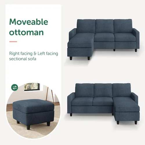 Vista 3 de HONBAY Sofá modular convertible, sofá en forma de L con diván reversible para espacio pequeño, color azul medio