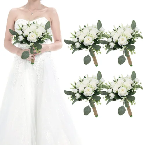 Vista 12 de Ramos para dama de honor para boda - Ramo de flores artificiales de 7 pulgadas para fiesta, ceremonia, aniversario, centros de mesa para mesa de Azul