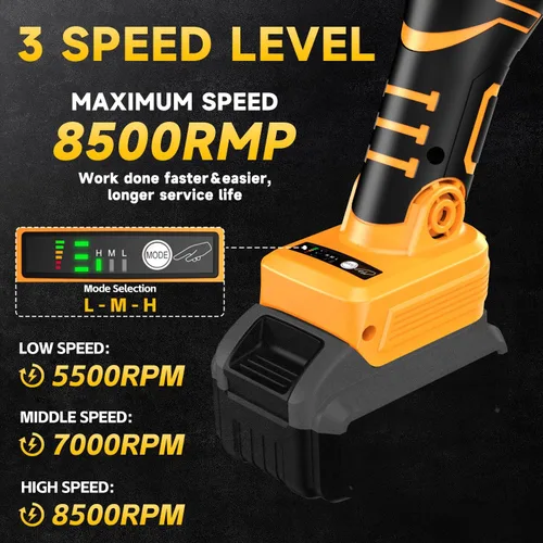 Vista 6 de Amoladora angular inalámbrica para batería Dewalt de 20 V, amoladora sin escobillas ajustable de 3 velocidades con hasta 8500 RPM, amoladora