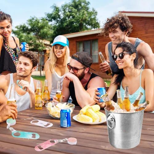 Vista 6 de 6 abrebotellas plano, mini abrebotellas retráctiles de acero inoxidable con insignia redonda, abrebotellas de cerveza plano con clip para cinturón