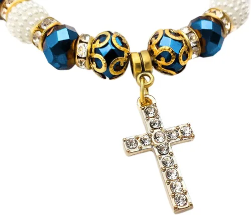 Vista 4 de Pulsera elástica ajustable con cuentas de cristal azul profundo y cruz cristalizada católica
