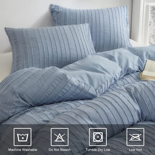 Vista 7 de WARMDERN Juego de funda de edredón a rayas azules, ropa de cama con textura bohemia acolchada con mechones, 2 piezas tamaño Twin de microfibra