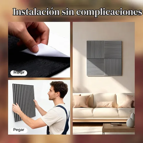 Vista 7 de Paneles de pared de listones de madera acústica para despegar y pegar, paneles insonorizados de grano de madera 3D de 23 x 23 pulgadas, paquete