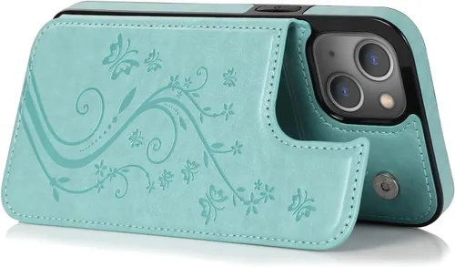 Vista 6 de Funda de teléfono para iPhone 14 de 6.1 pulgadas con protector de pantalla de vidrio templado y tarjetero con soporte para tarjetero, soporte