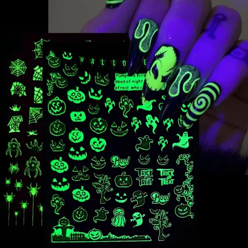 Vista 8 de Calcomanías de uñas de Halloween, que brillan en la oscuridad, calcomanías de uñas luminosas 3D, autoadhesivas, calabaza, calavera, murciélago