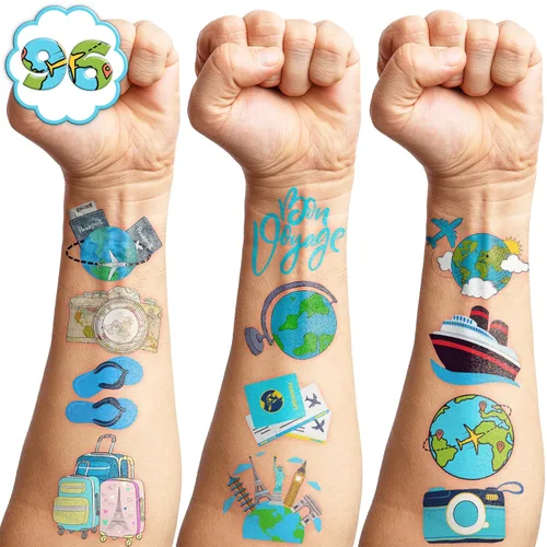 Vista 2 de Tatuajes temporales de viaje, Bon Voyage, suministros de fiesta de cumpleaños, recuerdos, decoraciones de aventura espera viajes por el mundo, súper
