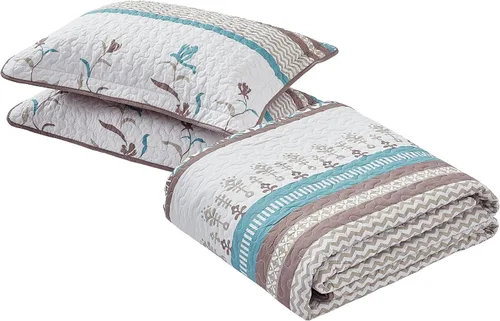 Vista 2 de All American Collection Juego de colcha reversible de 2 piezas con estampado floral, color marrón y turquesa, tamaño individual