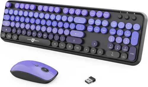Vista 13 de Combo de teclado y mouse inalámbricos, 104 teclas redondas, lindo teclado y mouse inalámbricos coloridos con máquina de escribir retro, color negro