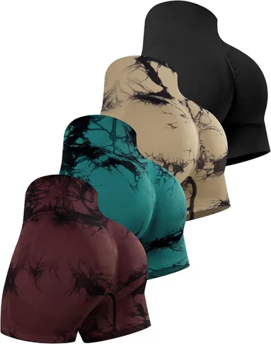 Vista 29 de CHRLEISURE Pantalones Cortos de Entrenamiento para Mujer, 4 Paquetes, Cintura Alta, Levantamiento de Glúteos con Fruncido, Pantalones Cortos Booty
