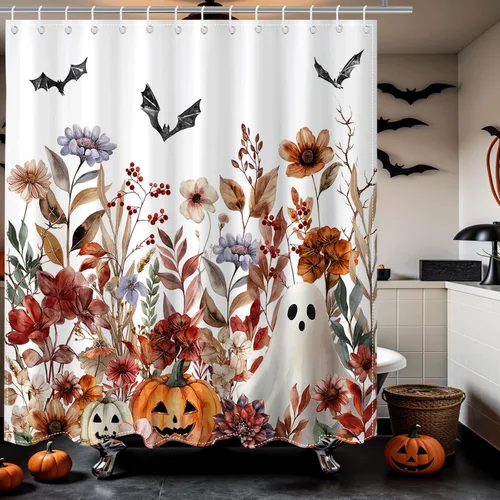 Vista 7 de Lindameler Cortina de ducha de Halloween para baño, cortina de ducha espeluznante con diseño floral de calabaza, fantasma, para decoración