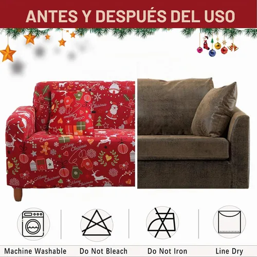 Vista 4 de Mybedsoul Funda de sofá elástica con estampado navideño de Papá Noel, lavable a máquina, temática navideña, color rojo, para sala de estar
