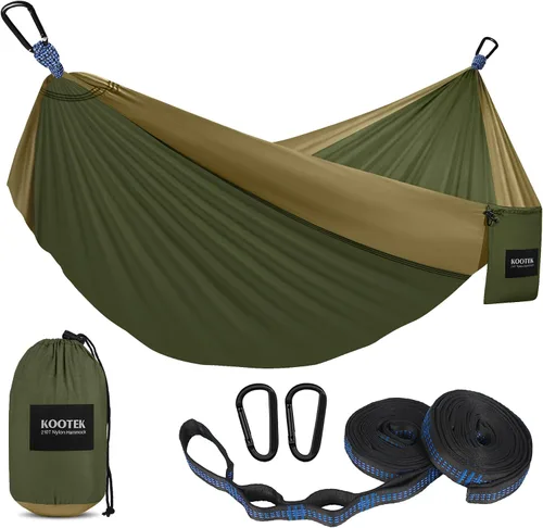 Vista 9 de Kootek - Hamaca portátil doble e individual con 2 correas para árboles, de nailon ligero de paracaídas para mochileros, viajes, playa, patio, Negro