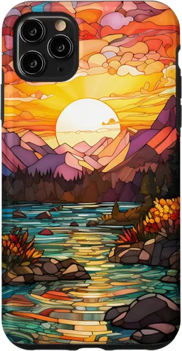 Vista 13 de iPhone 16 Sunset Stained Glass Mosaic Landscape Scene Case