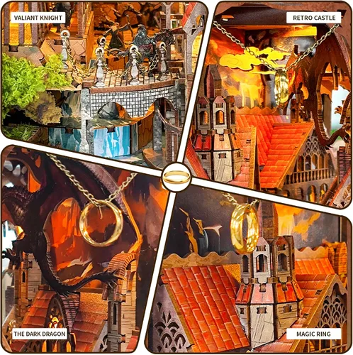Vista 6 de Kit de rincón de libros con luces LED, casa de muñecas en miniatura 3D, rompecabezas de madera para adultos, decoración de sujetalibros, ideal