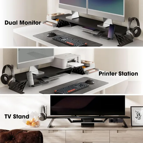 Vista 8 de Fenge Soporte de monitor doble, elevador de monitor de 42.5 pulgadas para escritorio, estante de escritorio de madera para 2 monitores, estante