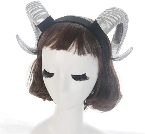 Vista 7 de NUOBESTY Diadema de cuerno de oveja, diadema de cuernos de demonio del diablo para disfraz de Halloween, cosplay, accesorios de fotos (plateado)