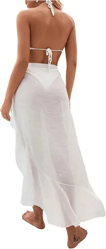 Vista 2 de OYOANGLE Traje de baño de malla transparente para mujer, con volantes, lazo lateral, pareo de playa, falda larga