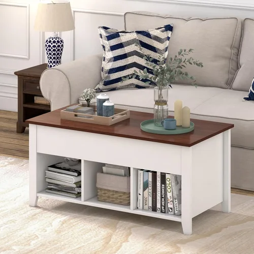 Vista 9 de GOFLAME Mesa auxiliar elevable, mesa central con mesa elevadora, compartimento oculto, 3 estantes abiertos, patas medias, almohadillas