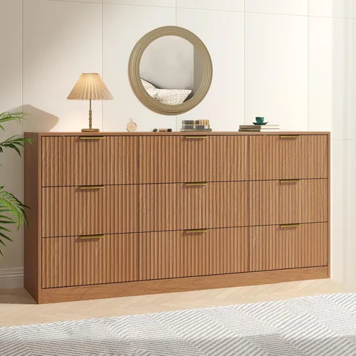 Vista 14 de Cómoda negra con 6 cajones profundos, cómoda acanalada de 55" de ancho para dormitorio con tirador dorado, cómoda moderna para armario, dormitorio