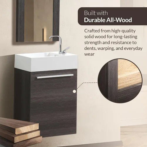 Vista 6 de Blossom Tocador de baño pequeño de 18 pulgadas con fregadero, gabinete flotante de madera maciza, resistente a la humedad, fregadero de profundidad