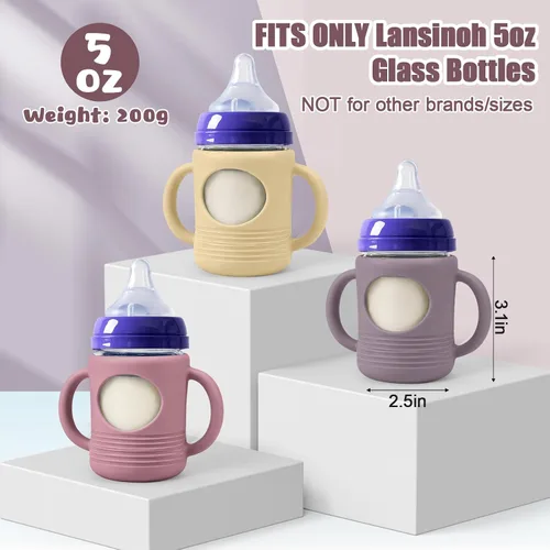 Vista 8 de 3Pack Silicone Sleeve for Lansinoh Glass Bottles 5oz with XS/S Flow Nipples 5oz Beige/Pink/Gray