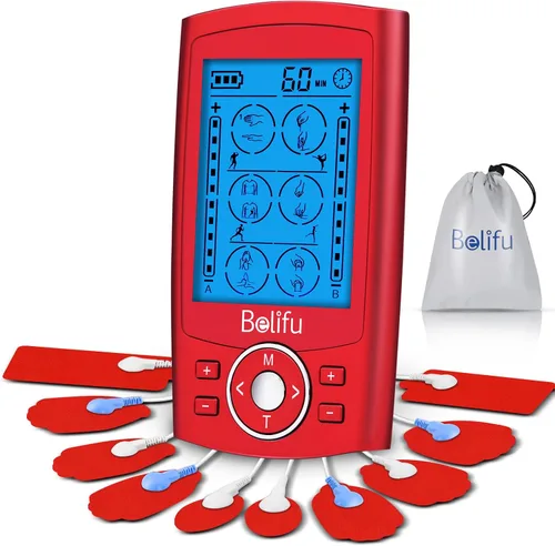 Vista 12 de Belifu Unidad TENS EMS de Doble Canal 24 Modos Estimulador Muscular para Terapia de Alivio del Dolor, Masajeador de Pulso Electrónico Masajeador