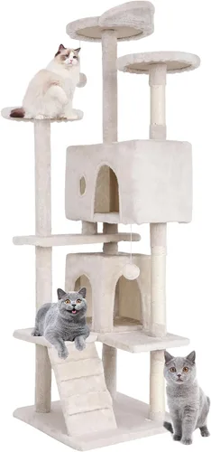Vista 12 de BestPet Torre para Gatos de 36" Beige Torre Resistente para Gatos de Múltiples Niveles con Casita de Felpa, Percha Acogedora, Postes