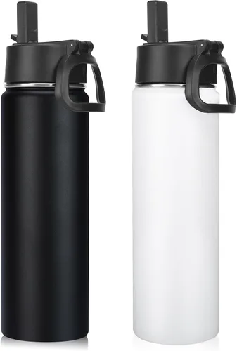 Vista 18 de Neihepal Botellas de agua aisladas de 22 onzas con tapa con popote a prueba de fugas, botella de agua de acero inoxidable de doble pared de boca