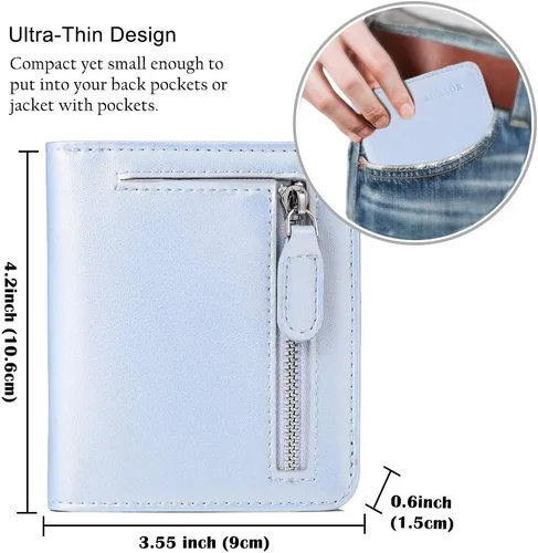 Vista 6 de Funtor Cartera de cuero para mujer, pequeña y compacta, con bolsillo doble, bloqueo RFID, para mujer