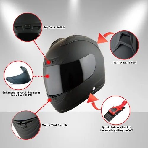 Vista 4 de 1Storm Nuevo Casco de Motocicleta de Cara Completa JH901 Negro Mate + Un Escudo Transparente Adicional: JH901