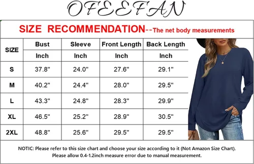 Vista 5 de OFEEFAN Sudadera de manga larga con cuello redondo para mujer, dobladillo curvado
