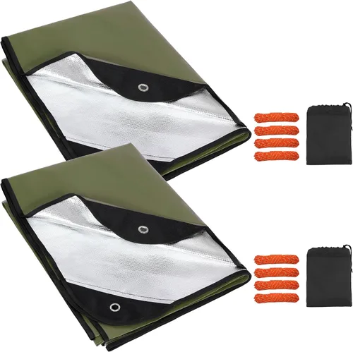 Vista 17 de Paquete de 2 mantas de supervivencia resistentes, lona térmica de emergencia impermeable, multiusos, reflectantes, aisladas, para todo
