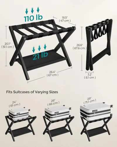 Vista 5 de SONGMICS Portaequipajes, Juego de 2, Soporte Plegable para Maletas con Estante de Almacenamiento, para Habitación de Huéspedes, Hotel, Dormitorio