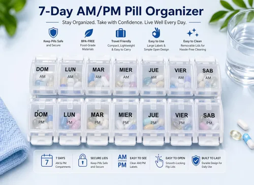 Vista 2 de Healthaccessories - Pastillero español para 7 días, dos veces al día, AM PM, organizador semanal de píldoras, organizador de píldoras