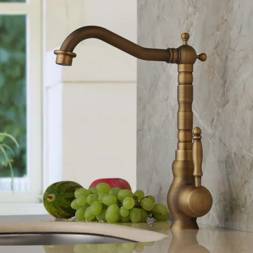 Vista 2 de Hiendure Latón antiguo diseñador único accesorios de fontanería de un solo agujero curva larga caño cocina grifo baño mezclador grifos
