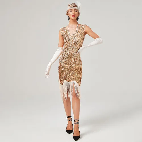 Vista 3 de Vestido vintage de los años 20 con lentejuelas brillantes, flecos, borlas de Gatsby, vestidos de boda, fiesta, cóctel, noche