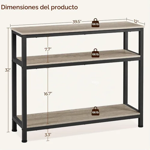 Vista 3 de Yaheetech - Mesa consola con estantes de 3 niveles, mesa de entrada, gris, 39.5 pulgadas