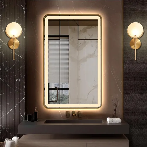 Vista 12 de [Usado] Espejo de baño LED irregular con luces, espejo retroiluminado sin marco de 40 x 20 pulgadas para pared, espejo inteligente regulable
