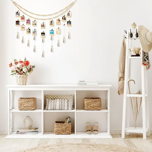 Vista 5 de Amyhill Expositor de fotos colgante de macramé bohemio con 24 clips de pared de madera, marco de collage de macramé con cuentas de madera