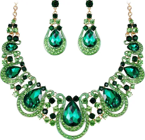 Vista 5 de Women's Costume Statement Necklace Dangle Earrings Set 05-Multicolor Tono Dorado