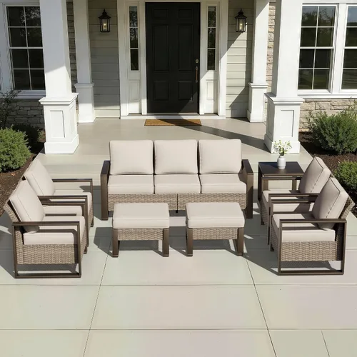 Vista 89 de Joyside - Sofá de mimbre para patio al aire libre, sofá de ratán de 3 plazas con cojines gruesos de olefina y reposabrazos rectangular con marco