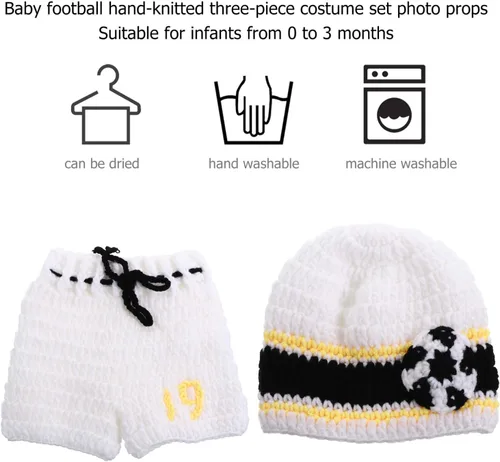 Vista 8 de NUOBESTY - Juego de 3 piezas de accesorios de fotografía para bebés recién nacidos de fútbol, ganchillo, traje para bebé, deporte, fiesta temática