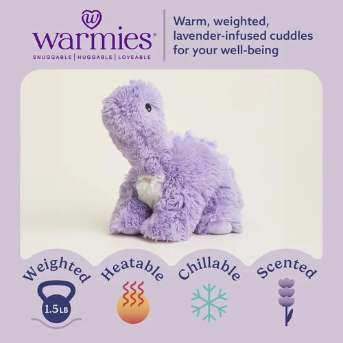 Vista 2 de Warmies - Peluche de dinosaurio de cuello largo morado, calentable y refrigerable