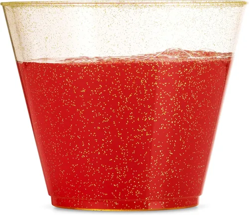 Vista 3 de 100 vasos de plástico con purpurina – Vasos de plástico transparente de 9 onzas – Vasos de purpurina dorada desechables para bodas y fiestas
